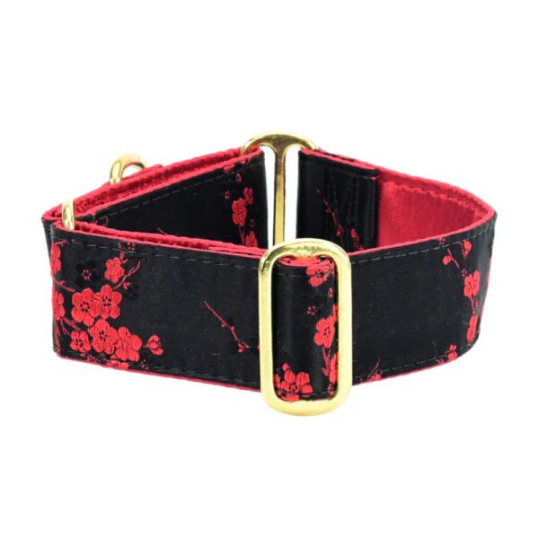 Cherry Blossoms Silk Brocade Dog Collar Black